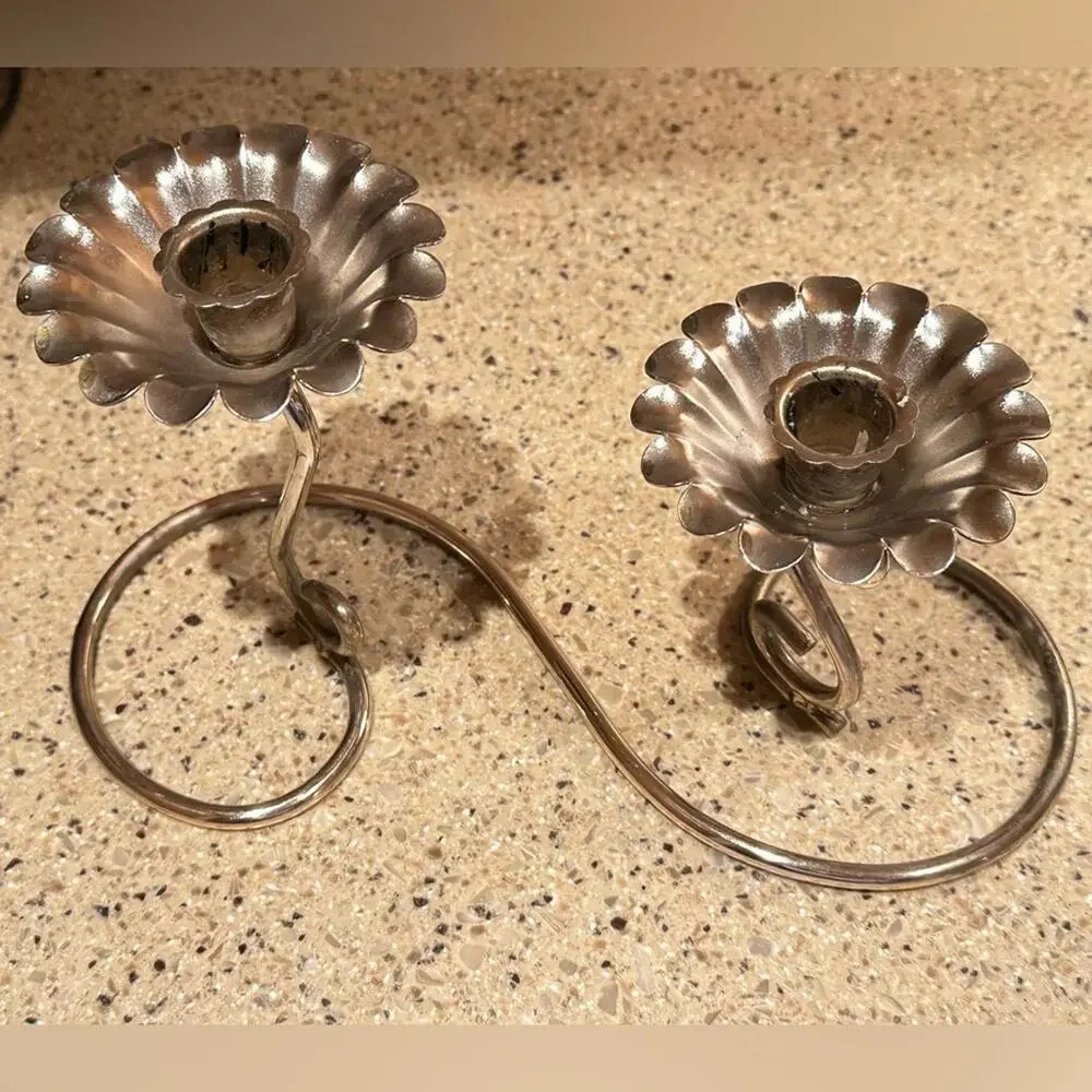 Vintage Mid-Century Silver Tone Double Candlestick Holder